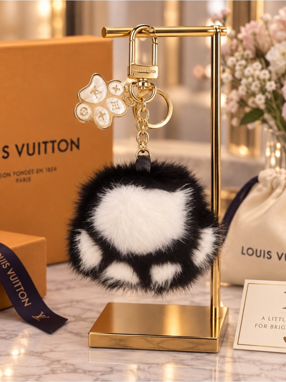 Black & White Faux Fur Paw Keychain